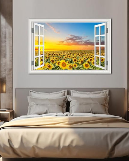 Sunflower Wall Art Decor Flower Canvas Pictures for Living Room Rustic Painting for Wall Window Style Sunset Art Prints for Bedroom Nature Floral Landscape Artwork for Home Office Kitchen Decorations,