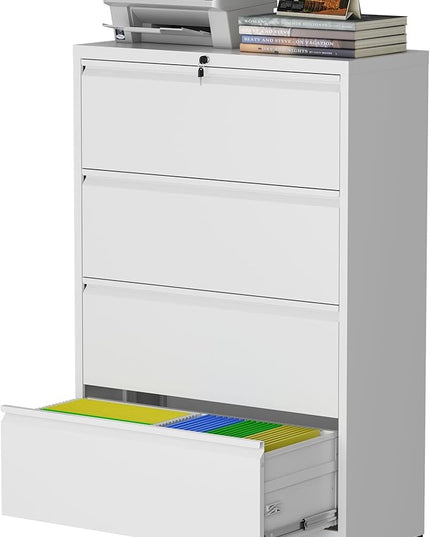 4 Drawer Lateral File Cabinet with Lock, Metal File Cabinet, Lateral File Cabinets for Home Office, Heavy Duty File Storage Cabinet for Legal/Letter/A4 Document, Assembly Required, White