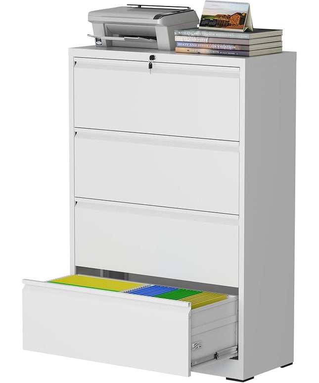 4 Drawer Lateral File Cabinet with Lock, Metal File Cabinet, Lateral File Cabinets for Home Office, Heavy Duty File Storage Cabinet for Legal/Letter/A4 Document, Assembly Required, White