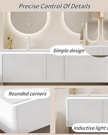 60IN Modern Double Sink Bathroom Vanity, Defogging Mirror Cabinet with LED Light Strip & Time Display Screen | Wall Mounted Bathroom Vanity with Sink Include Smart Sensor Light Strip (Style A)