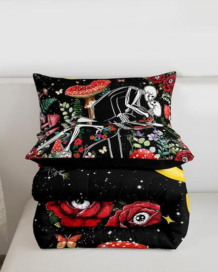 Mushroom Kids Comforter Set Twin Size,Sun Moon Starry Sky Romantic Bedding Set,Boys Girls Adults Room Decor,Butterfly Skeleton Flowers Boho Down Comforter,Red Trippy Duvet Insert,1 Pillowcase
