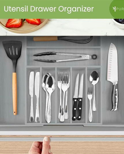 Purawood Bamboo Drawer Organizer - Expandable Silverware Organizer & Utensil Organizer, Cutlery Tray with Dividers, 7-9 Slots - Premium Kitchen Drawer Organizer for Utensils & Flatware (Grey)