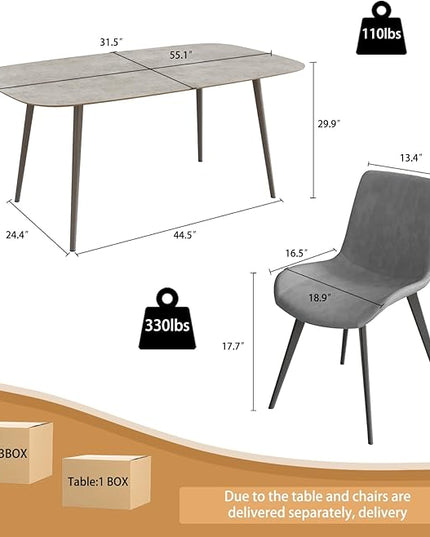 55.1'' Dining Table Set for 4,Modern Wood Dining Table,Leather Dining Chairs 4,Table and Chairs Set of 4,Ideal for Kitchen Dining Room (Gray Table + 4 Gray Chairs, 55.1")