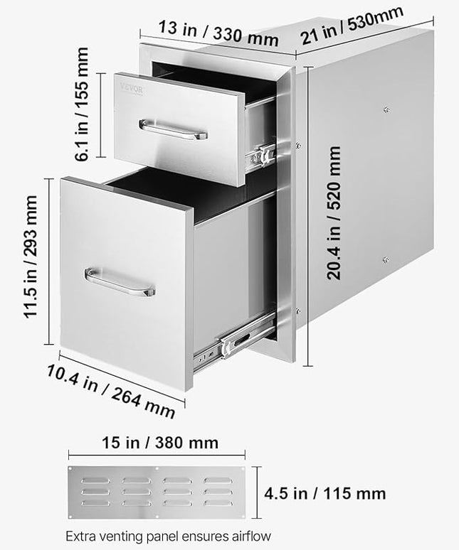 VEVOR Outdoor Kitchen Drawers 13" W x 20.5" H x 21" D, Flush Mount Double BBQ Access Drawer with Stainless Steel Handle, BBQ Island Drawers for Outdoor Kitchens or Patio Grill Station