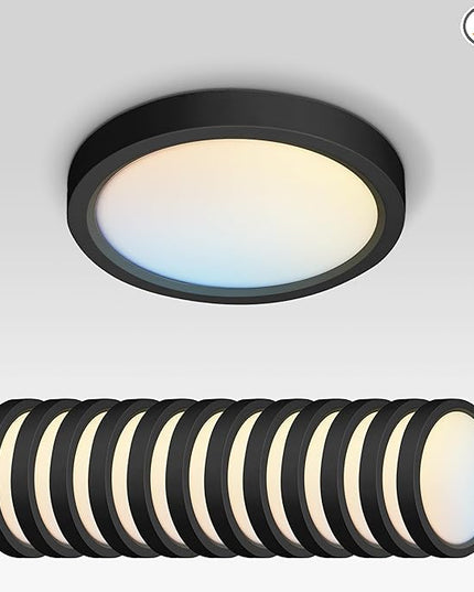 ASD LED 5" Round Flush Mount Ceiling Light Fixture, Low Profile Surface Lighting | 5CCT, Dimmable, Ultra-Thin, ETL Listed | 10W 700LM 2700-6000K 120V | Kitchen, Bedroom, Hallway Lamp | Black, 12 Pack