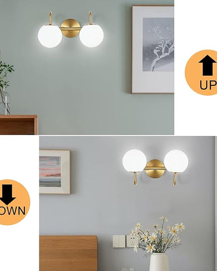 Modern Bathroom Vanity Light Fixtures 2 Lights Brushed Brass Milk White Globe Glass Shade Modern Wall Bar Sconce Lighting Bath Vanity Lights Over Mirror (Exclude G9 Bulb)