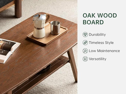 100% Solid Oak Wood Coffee Table with Storage Shelf, 2-Tier Rectangle Coffee Table for Living Room, Modern Center Table for Living Room (Walnut Colour, 47.24" W x22.05 D x 17.32" H)