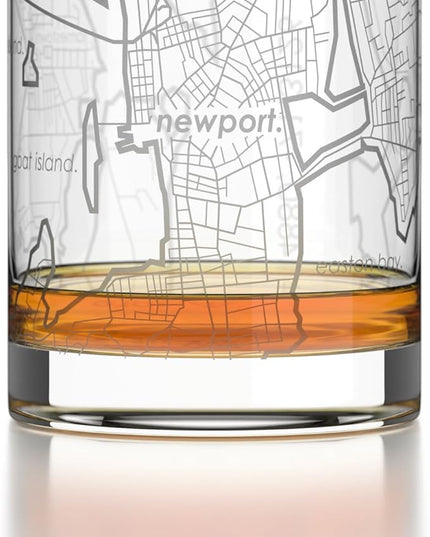 Well Told Engraved Newport Rhode Island Map Rocks Glass, Old Fashioned Glassware (11 oz, Clear) Etched Bourbon Tumbler, Gifts For Whiskey Lovers