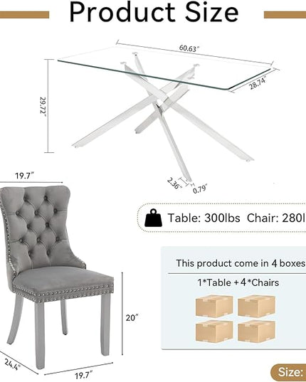 Modern 5-Piece Glass Dining Table Set for 4, Modern 60" Rectangle Silver Glass Dining Room Table Set with Light Grey Velvet Tufted Chairs Wood Legs for Kitchen Dining Room