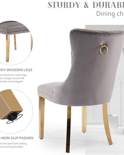 SoarFlash Velvet Dining Chair Set of 4, Upholstered Tufted Dining Room Chair with Nailhead Trim and Solid Gold Plated Leg for Kitchen (Grey)