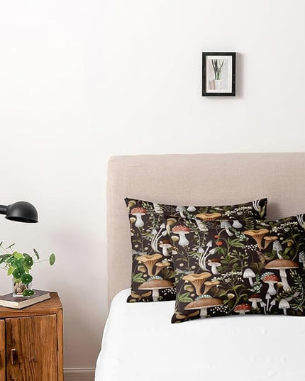 Twin Size Mushroom Print Duvet Cover Set – Dark Brown Floral Plants Bedding for Boys & Girls, Natural & Romantic Bedroom Decor