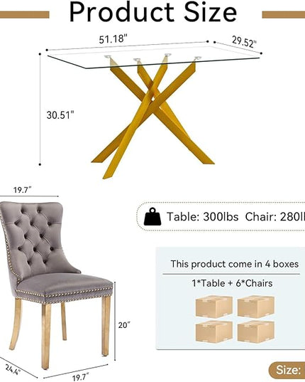 51" Glass Dining Table Set for 6, Modern Dining Room Table Set for 6, Gold X-Shape Pedestal Glass Table with 6pcs Gray Dining Chairs, 7 Piece Dining Set for Dining Living Room