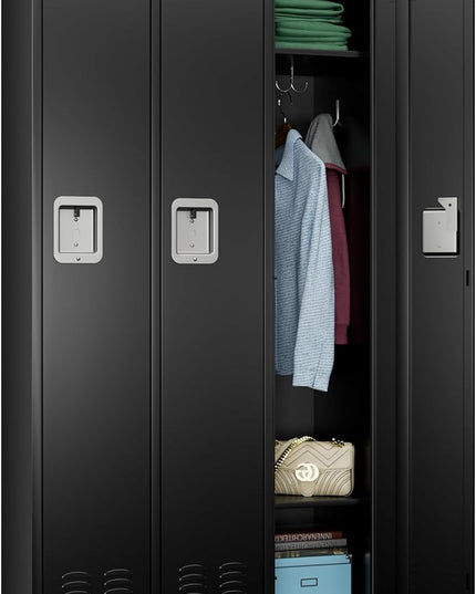 Aobabo Metal Lockers for Employees, 3 Doors Storage Locker with 9 Hooks for Office Home, Black, Assembly Required