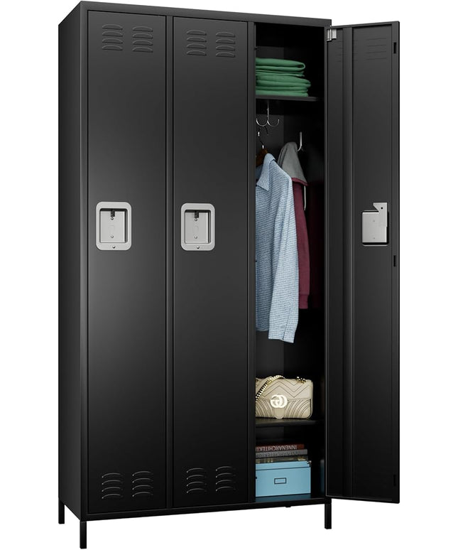 Aobabo Metal Lockers for Employees, 3 Doors Storage Locker with 9 Hooks for Office Home, Black, Assembly Required