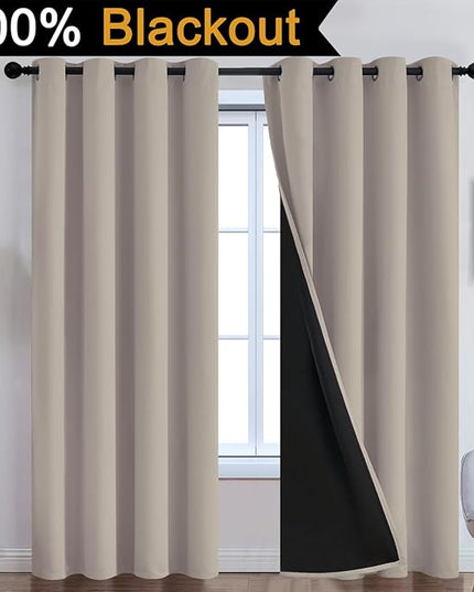 Yakamok 100% Blackout Curtains 84 Inches Long, 2 Thick Layers Heat and Full Light Blocking Soft Thermal Insulated Drapes for Bedroom(52" Wide Each Panel, Natural, 2 Panels)