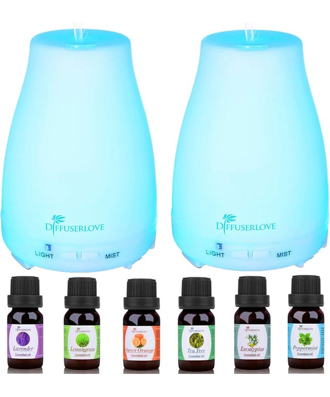 Diffuserlove 2 Pack 200ml Essential Oil Diffuser Ultrasonic Aromatherapy Diffuser with Waterless Auto Shut-Off Aroma Cool Mist Humidifiers with 6 Bottles of Natural Essential Oils /7 Color LED Lights