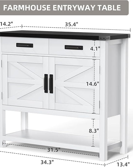 PioneerWorks Farmhouse Console Table with 2 Door Cabinet and 2 Drawers - Entryway Table with Cabinets,for Living Room,Kitchen,Dining,Hallway,White