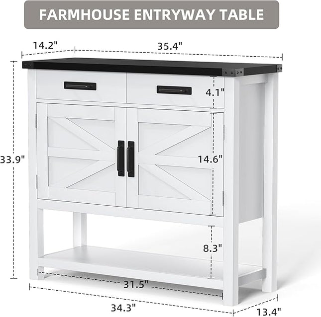PioneerWorks Farmhouse Console Table with 2 Door Cabinet and 2 Drawers - Entryway Table with Cabinets,for Living Room,Kitchen,Dining,Hallway,White