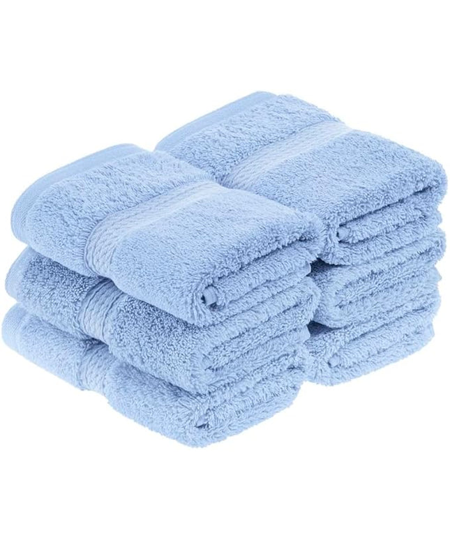 Superior Egyptian Cotton Pile Face Towel/Washcloth Set of 6, Ultra Soft Luxury Towels, Thick Plush Essentials, Absorbent Heavyweight, Guest Bath, Hotel, Spa, Home Bathroom, Shower Basics, Light Blue