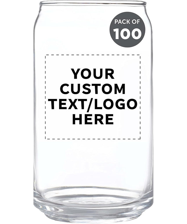 Custom Beer Can Glasses Set of 100, 16 oz. Pint Sized, Promotional Text, Logo, Soda Can Shape, Glassware, Clear