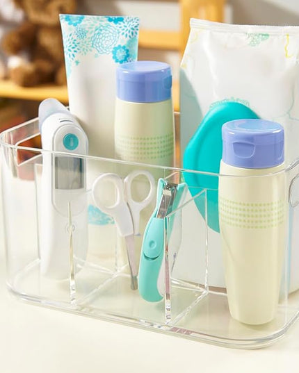 STORi Bliss 5-Compartment Plastic Cosmetics Storage Organizer | Clear | Rectangular Divided Makeup Bin & Vanity Caddy with Pass-Through Handles | Round Corner Design | Made in USA