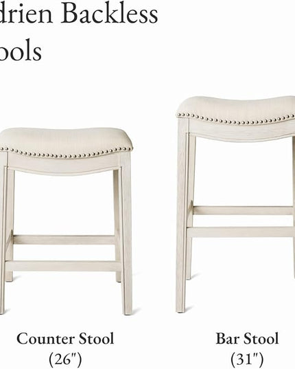 Maven Lane Adrien Backless Bar Stool – Set of 2 – 31 Inch Saddle Seat with Footrest – Cream Solid Wood Frame & Natural Fabric Upholstery – Ideal for Bars, Pub Tables & Tall Kitchen Counters