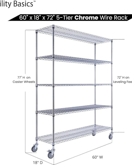 NSF Commercial 5-Tier Wire Shelving with Wheels, 60"x18"x72" Heavy Duty Metal Shelves 4000 lbs Max Capacity, Chrome Storage Rack for Garage Kitchen Pantry Warehouse