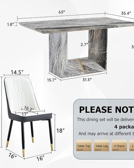 Dinner Table Set for 6, 7 Piece Dining Table Set with Chairs, 63" Faux Marble Modern Table with 6 PU Leather Upholstered Chairs, for Kitchen & Dining Room
