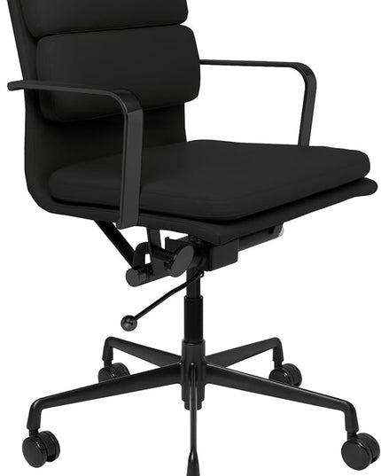 Laura Davidson Furniture SOHO II Padded Management Office Chair - Mid Back Desk Chair with Arm Rest, Swivel & Cushion Availability, Made of Faux Leather, All Black Limited Edition, Computer Chair