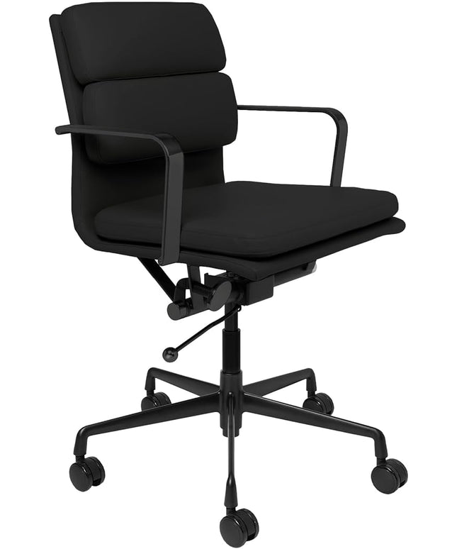 Laura Davidson Furniture SOHO II Padded Management Office Chair - Mid Back Desk Chair with Arm Rest, Swivel & Cushion Availability, Made of Faux Leather, All Black Limited Edition, Computer Chair