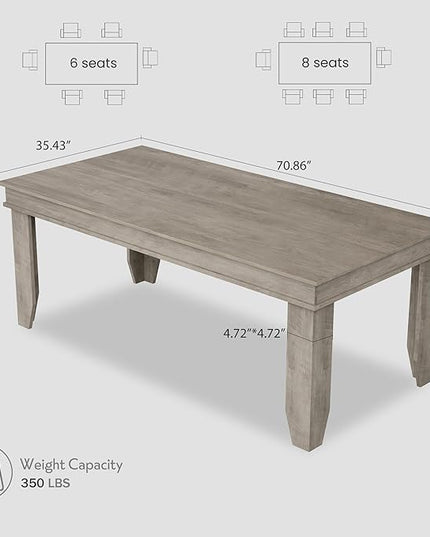 GarveeHome Farmhouse Dining Table for 6-8 People, 71 in Long Kitchen Tables with Wooden Sturdy Frame, 6 ft Large Rectangular Dinner Table for Dining Room, Kitchen, Grey, 71" Non-extendable