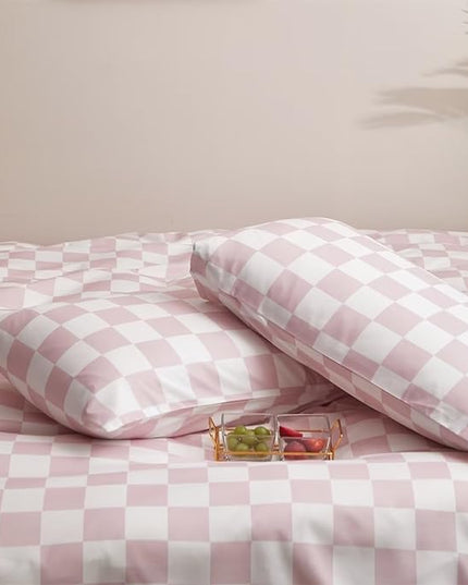 Houseri Pink Plaid Comforter Set Full White and Light Pink Buffalo Checkered Bedding Full Size Teen Girls Baby Pink Checkerboard Dorm Bed Quilt Soft Comfy Preppy Pale Pink Grid Comforters Full