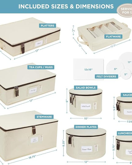 Hard Shell China Storage Containers 8-Piece Set Moving Boxes for Dinnerware, Glasses, Plates, Mugs and Saucers Sturdy Dish Organizer with Dividers for Seasonal Storage - Service for 12 - Beige