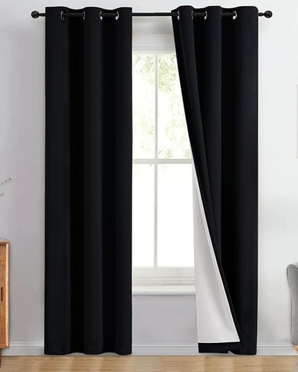 Yakamok 100% Blackout Curtain Panels 84 inches Cold and Light Blocking Drapes for Nursery, 2 Thick Layers Thermal Insulated Draperies (2 Pieces, 40 Wide Each Panel, Black Front with White Backing)