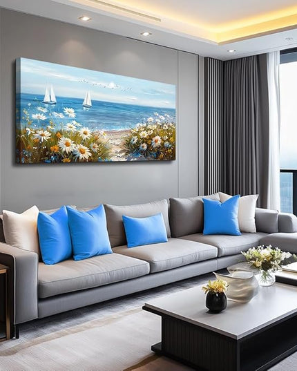 PHAOHUAXM Wall Art For Dining Room Kitchen Blue Ocean Landscape Painting Art Pictures Living Room Decor Vintage Landscape Canvas Print Suitable For Bedroom Office Farmhouse Wall Decoration 24x48 In
