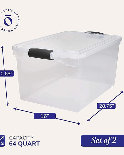 HOMZ 2-Pack Secure Latch, Clear Plastic Storage Organizer Bins, 64 Quart, Gray Latches - Stackable Container Boxes for Bedroom, Bathroom, Garage, and Office Organization