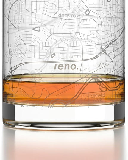 Well Told Engraved Reno Nevada Map Rocks Glass, Old Fashioned Glassware (11 oz, Clear) Etched Bourbon Tumbler, Gifts For Whiskey Lovers