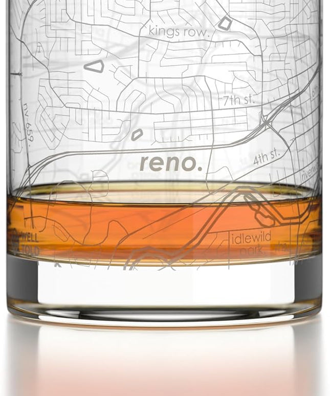 Well Told Engraved Reno Nevada Map Rocks Glass, Old Fashioned Glassware (11 oz, Clear) Etched Bourbon Tumbler, Gifts For Whiskey Lovers