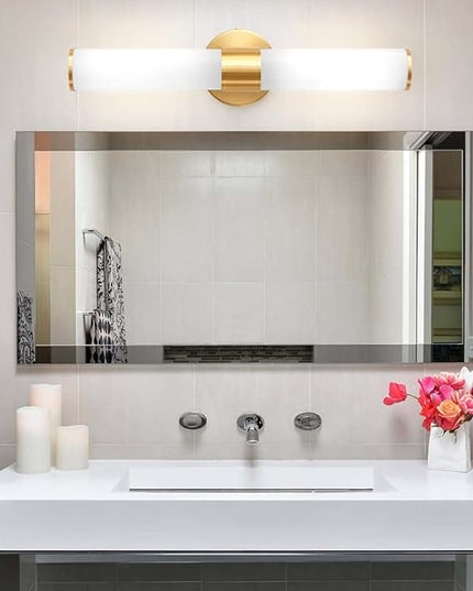 Gold Bathroom Light Fixtures, Vanity Lights for Mirror with Milk Glass Shade, 20 Inch Up and Down Wall Sconces for Bathroom Bedroom Living Room Hallway - Bulb Not Included
