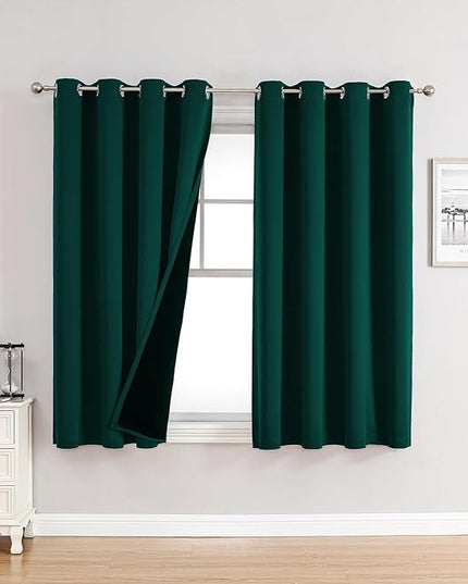 ChrisDowa 100% Blackout Curtains for Bedroom with Black Liner, 2 Thick Layers Total Blackout Thermal Insulated Grommet Window Curtains 2 Panels Set (Forest Green, 52 x 45 Inch)