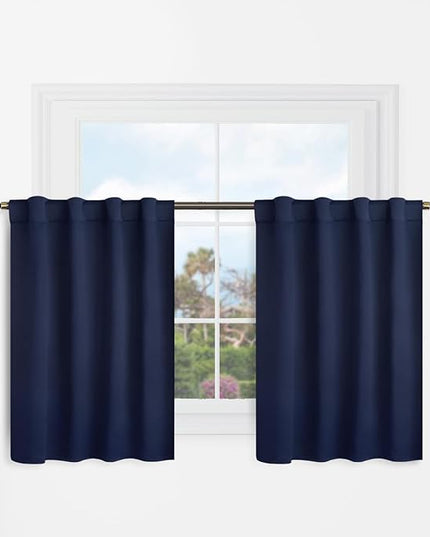 BGment Short Kitchen Curtains 36 Inch Length for Half Windows - 34 x 36 inch Curtains Rod Pocket and Back Tab Thermal Insulated Room Darkening Curtain for Cafe Room, 2 Window Panels, Navy