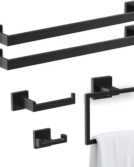 BOZWELL 5 Pieces Matte Black Bathroom Hardware Accessories Set Square Towel Racks for Bathroom 23.6 inch Stainless Steel Towel Bar Set Wall Mounted