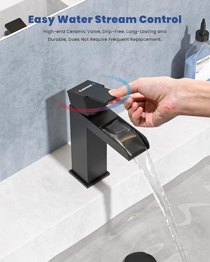 DAYONE Matte Black Single Handle Bathroom Sink Faucet, 1 Hole Bathroom Faucets with Pop Up Drain Stopper, Single Hole Mixer Tap Optional Deckplate Stainless Steel