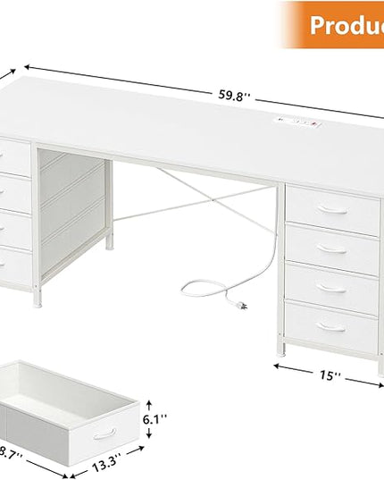 60 Inch Computer Desk with 8 Drawers, Home Office Desk with Power Outlets, Work Study Gaming Desk with 8 Fabric Drawers