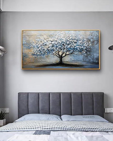 ERQINHUA Wood Framed Abstract Wall Art Office Large Wall Decor Art For Living Room Wall Pictures Blue Grey TreePainting Framed Canvas Artwork Bedroom Dining room Home Decoration Aesthetics 24"X48"
