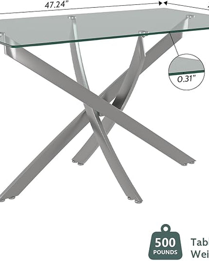 47.24 Inch Glass Dining Table, Rectangular Kitchen Glass Table for 4 People, Modern Dining Room Table for Dinner Kitchen Dining Room(Silver)