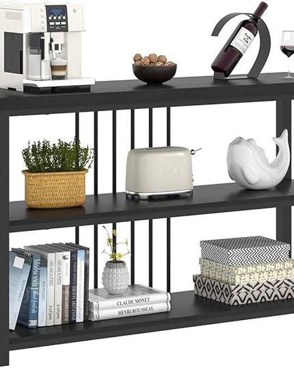 FOLUBAN Entryway Table, Modern Sofa Console Table with 3 Tier Storage Shelf for Living Room Hallway Foyer, Industrial Black Oak