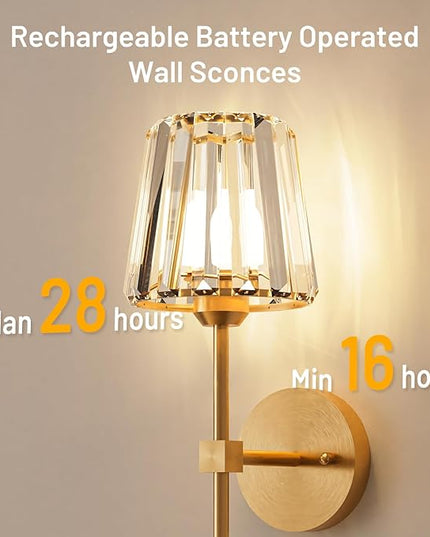 Crystal Battery Operated Wall Sconces Set of 2, Gold Rechargeable Wireless Wall Sconce Lights with Crystal Lampshade, 12 RGB and 3CCT Dimmable Wall Lamps with Remote for Bedroom Living Room Hallway