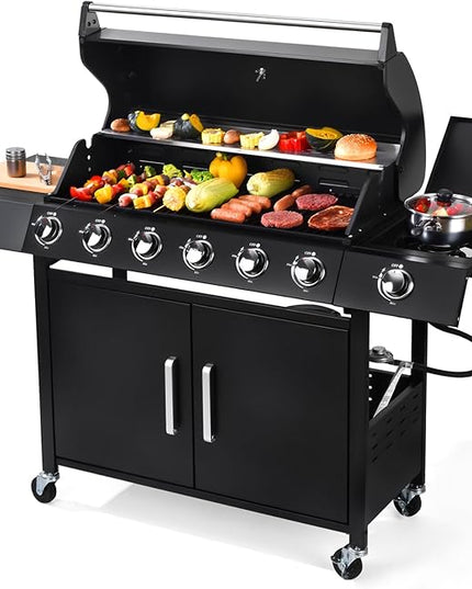 Q032-6-Burner w/Side Burner Gas Grill with 403 SQ.IN. Outdoor Grill with 60,000 BTU,Propane Grills with Top Cover Lid,Grills Outdoor Cooking for Patios,Balcony,Camping,Garden