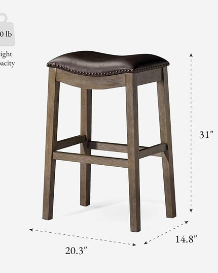 Maven Lane Adrien Backless Bar Stool – Set of 3 – 31 Inch Saddle Seat with Footrest – Brown Solid Wood Frame & Beige Faux Leather Upholstery – Ideal for Bars, Pub Tables & Tall Kitchen Counters